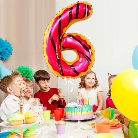 Balon Din Folie Metalizata Figurina Cifra, Imprimeu Gogosi, Tema Aniversare 100 Cm, Ambalaj Individual, Pai Inclus, Umflare Cu Aer Sau Heliu, Cifra 6 - vivimall.ro