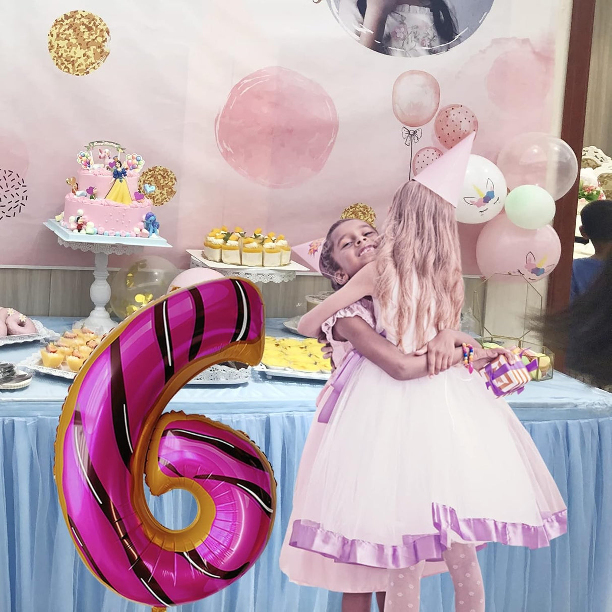 Balon din Folie Metalizata Vivimall, Figurina Cifra, Imprimeu Gogosi, Tema Aniversare 100 cm, Ambalaj Individual, Pai inclus, Umflare cu Aer sau Heliu, Multicolor, Cifra 6