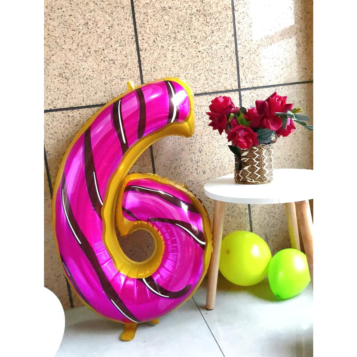 Balon Din Folie Metalizata Figurina Cifra, Imprimeu Gogosi, Tema Aniversare 100 Cm, Ambalaj Individual, Pai Inclus, Umflare Cu Aer Sau Heliu, Cifra 6 - vivimall.ro