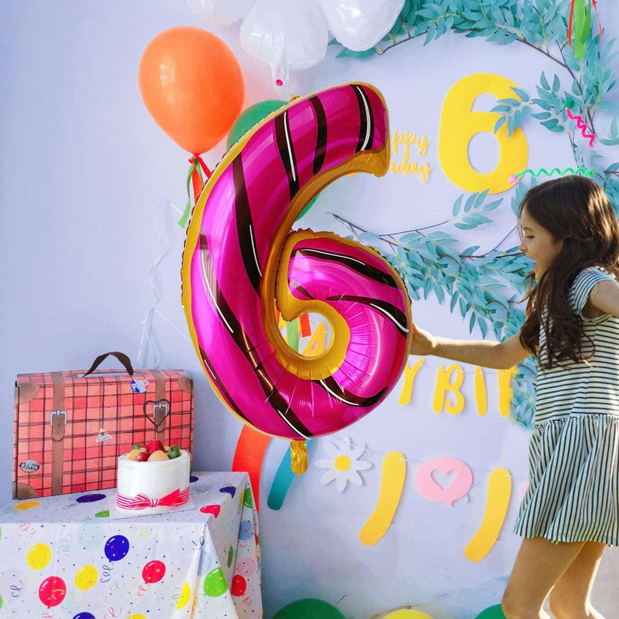 Balon Din Folie Metalizata Figurina Cifra, Imprimeu Gogosi, Tema Aniversare 100 Cm, Ambalaj Individual, Pai Inclus, Umflare Cu Aer Sau Heliu, Cifra 6 - vivimall.ro