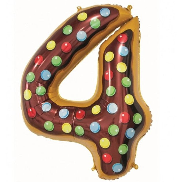 Balon din Folie Metalizata Vivimall, Figurina Cifra, Imprimeu Gogosi, Tema Aniversare 100 cm, Ambalaj Individual, Pai inclus, Umflare cu Aer sau Heliu, Multicolor, Cifra 4