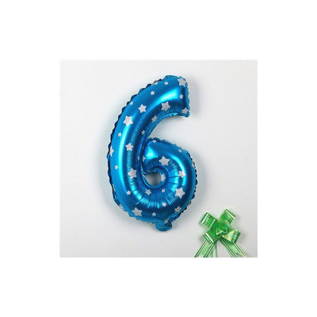Balon din Folie Metalizata Vivimall, Figurina Cifra, Imprimeu Stele, Tema Aniversare 80 cm, Ambalaj Individual, Pai inclus, Umflare cu Aer sau Heliu, Albastru, Cifra 6
