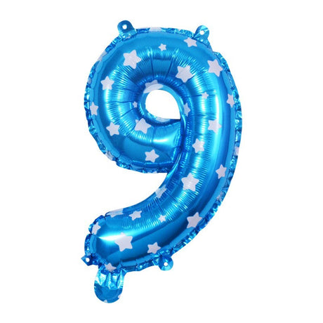 Balon Din Folie Metalizata Figurina Cifra, Imprimeu Stele, Tema Aniversare 80 Cm, Ambalaj Individual, Pai Inclus, Umflare Cu Aer Sau Heliu, Cifra 9 - vivimall.ro