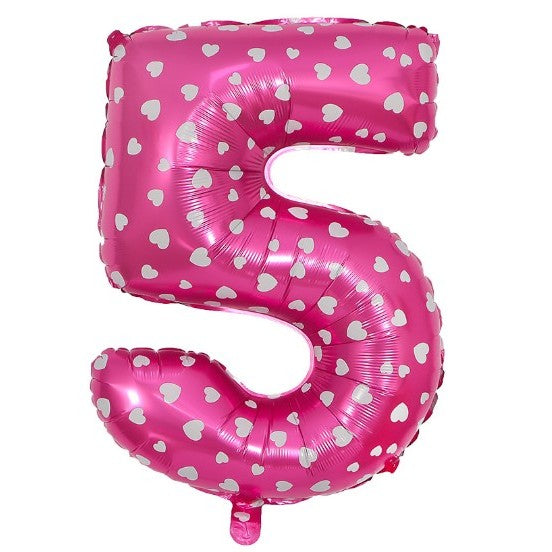 Balon Din Folie Metalizata Figurina Cifra, Imprimeu Inimi, Tema Aniversare 80 Cm, Ambalaj Individual, Pai Inclus, Umflare Cu Aer Sau Heliu, Cifra 5 - vivimall.ro