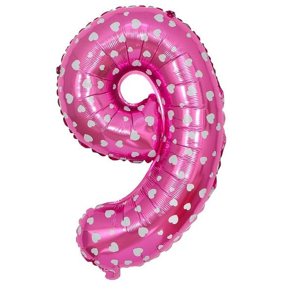 Balon Din Folie Metalizata Figurina Cifra, Imprimeu Inimi, Tema Aniversare 80 Cm, Ambalaj Individual, Pai Inclus, Umflare Cu Aer Sau Heliu, Cifra 9 - vivimall.ro