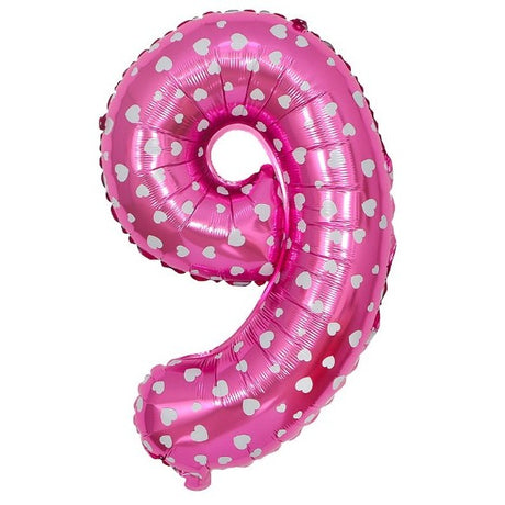 Balon Din Folie Metalizata Figurina Cifra, Imprimeu Inimi, Tema Aniversare 80 Cm, Ambalaj Individual, Pai Inclus, Umflare Cu Aer Sau Heliu, Cifra 9 - vivimall.ro