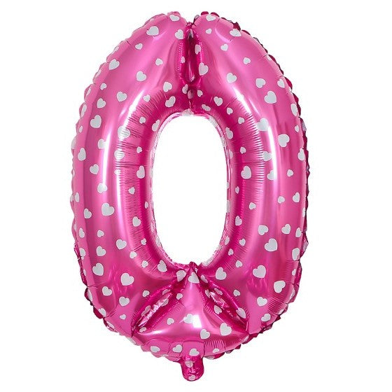 Balon din Folie Metalizata Vivimall, Figurina Cifra, Imprimeu Inimi, Tema Aniversare 80 cm, Ambalaj Individual, Pai inclus, Umflare cu Aer sau Heliu, Roz, Cifra 0 - vivimall.ro