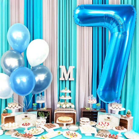 Balon din Folie Metalizata Vivimall, Figurina Cifra, Tema Aniversare 40 cm, Ambalaj Individual, Pai inclus, Umflare cu Aer sau Heliu, Albastru, Cifra 7