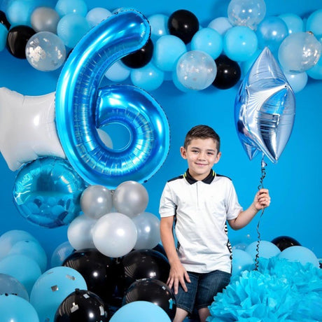 Balon din Folie Metalizata Vivimall, Figurina Cifra, Tema Aniversare 80 cm, Ambalaj Individual, Pai inclus, Umflare cu Aer sau Heliu, Albastru, Cifra 6