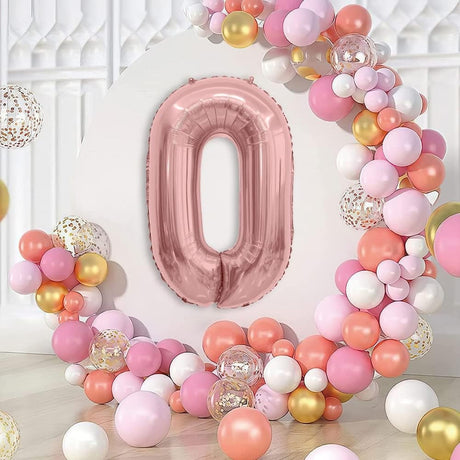 Balon Din Folie Metalizata Figurina Cifra, Tema Aniversare 80 Cm, Ambalaj Individual, Pai Inclus, Umflare Cu Aer Sau Heliu, Rose, Cifra 0 - vivimall.ro