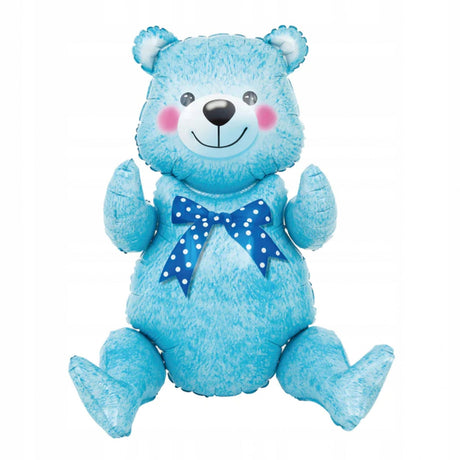 Balon din Folie Metalizata, Vivimall, Figurina Animalute, Model Ursulet Asezat, Tematica Aniversare, 44x82.5 cm, Ambalaj Individual, Pai Inclus, Umflare cu Aer sau Heliu, Albastru