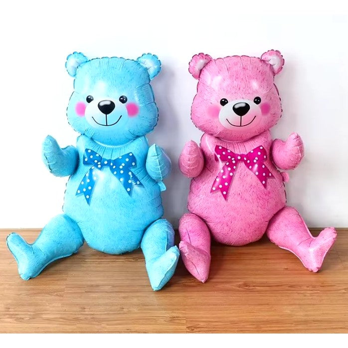 Balon din Folie Metalizata, Vivimall, Figurina Animalute, Model Ursulet Asezat, Tematica Aniversare, 44x82.5 cm, Ambalaj Individual, Pai Inclus, Umflare cu Aer sau Heliu, Albastru