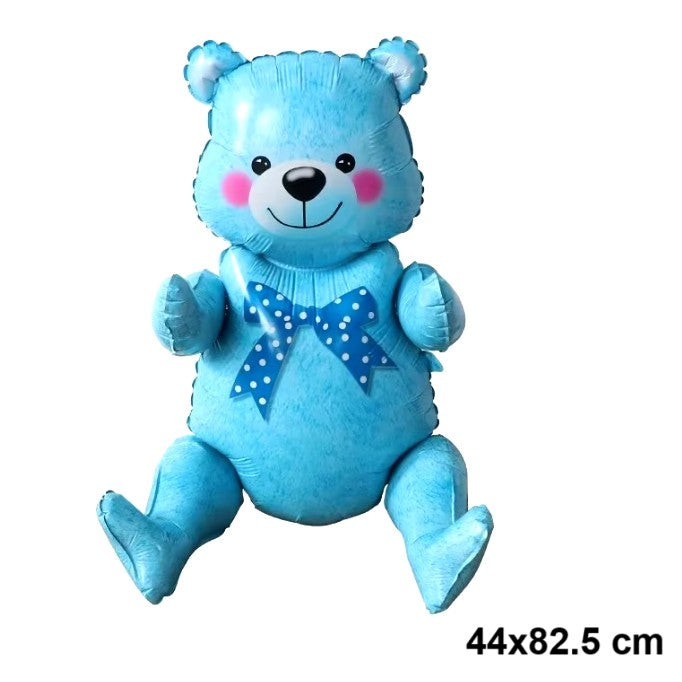 Balon din Folie Metalizata, Vivimall, Figurina Animalute, Model Ursulet Asezat, Tematica Aniversare, 44x82.5 cm, Ambalaj Individual, Pai Inclus, Umflare cu Aer sau Heliu, Albastru