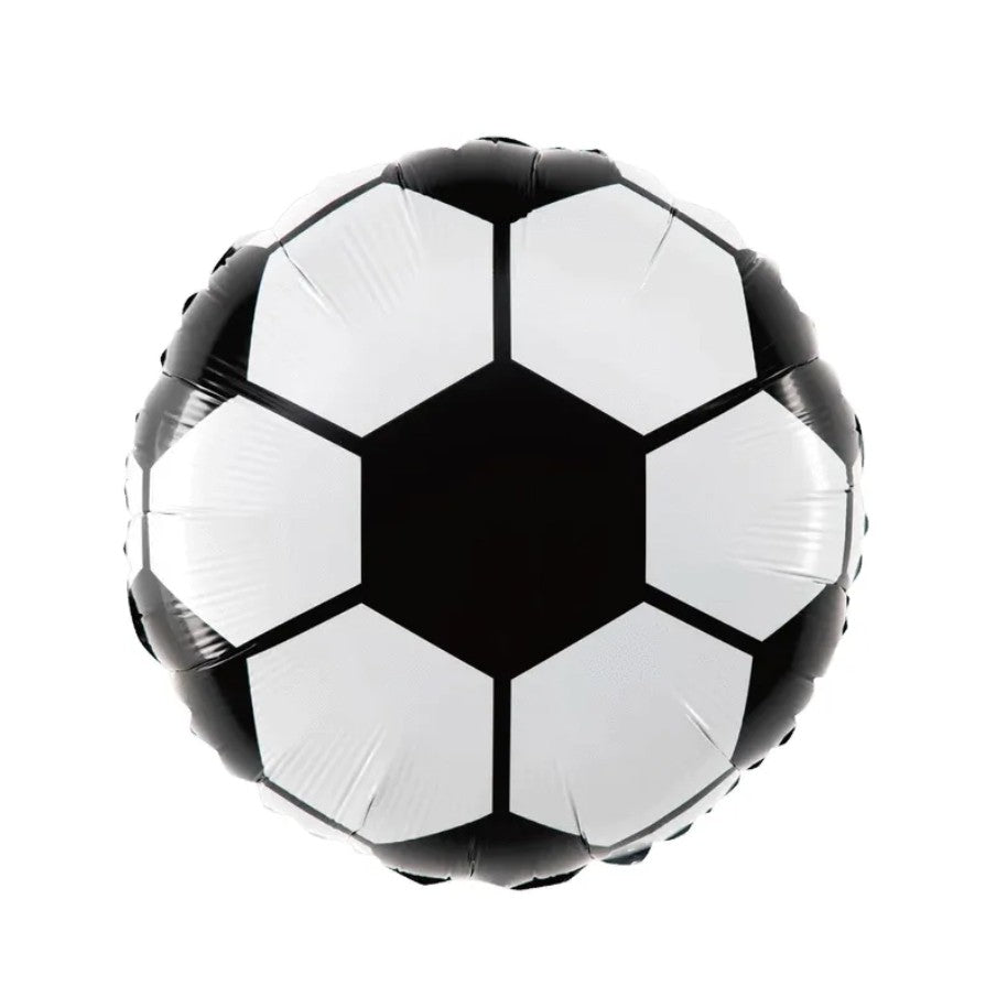 Balon din Folie Metalizata, Flippy, Figurina Cerc, Model Minge de Fotbal, Tematica Sport, 45 cm, Ambalaj Individual, Pai Inclus, Umflare cu Aer sau Heliu, Alb-Negru