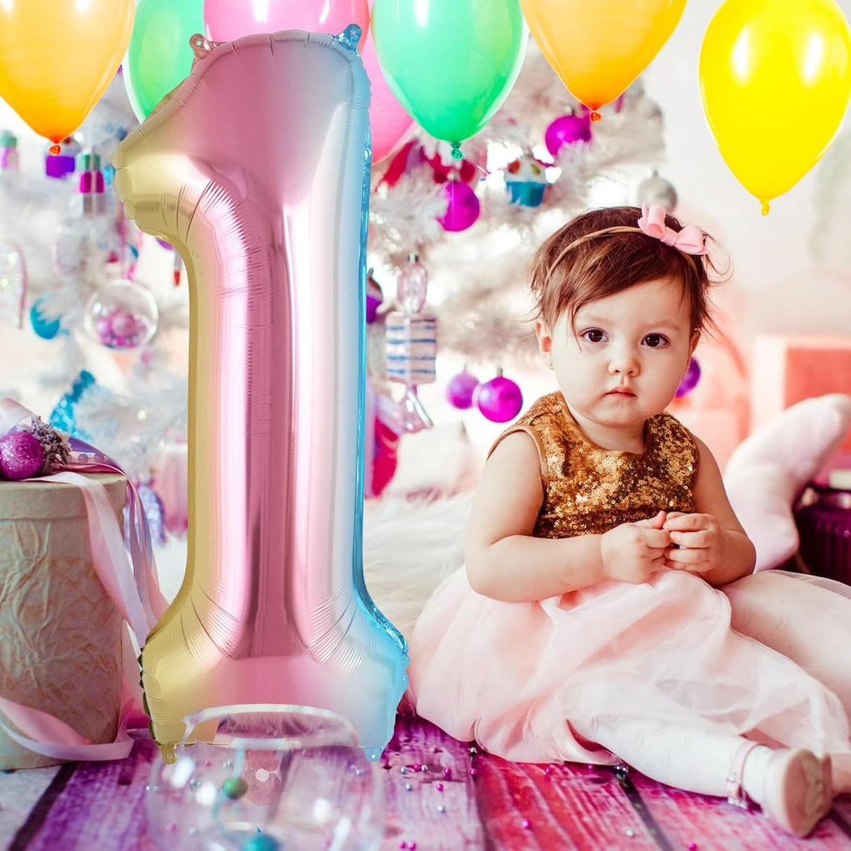 Balon din Folie Metalizata Vivimall, Figurina Cifra Gradient, Tema Aniversare 40 cm, Ambalaj Individual, Pai inclus, Umflare cu Aer sau Heliu, Multicolor, Cifra 1