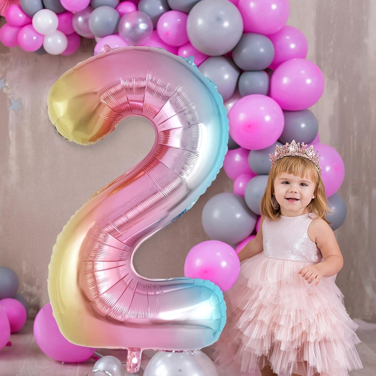 Balon din Folie Metalizata Vivimall, Figurina Cifra Gradient, Tema Aniversare 40 cm, Ambalaj Individual, Pai inclus, Umflare cu Aer sau Heliu, Multicolor, Cifra 2