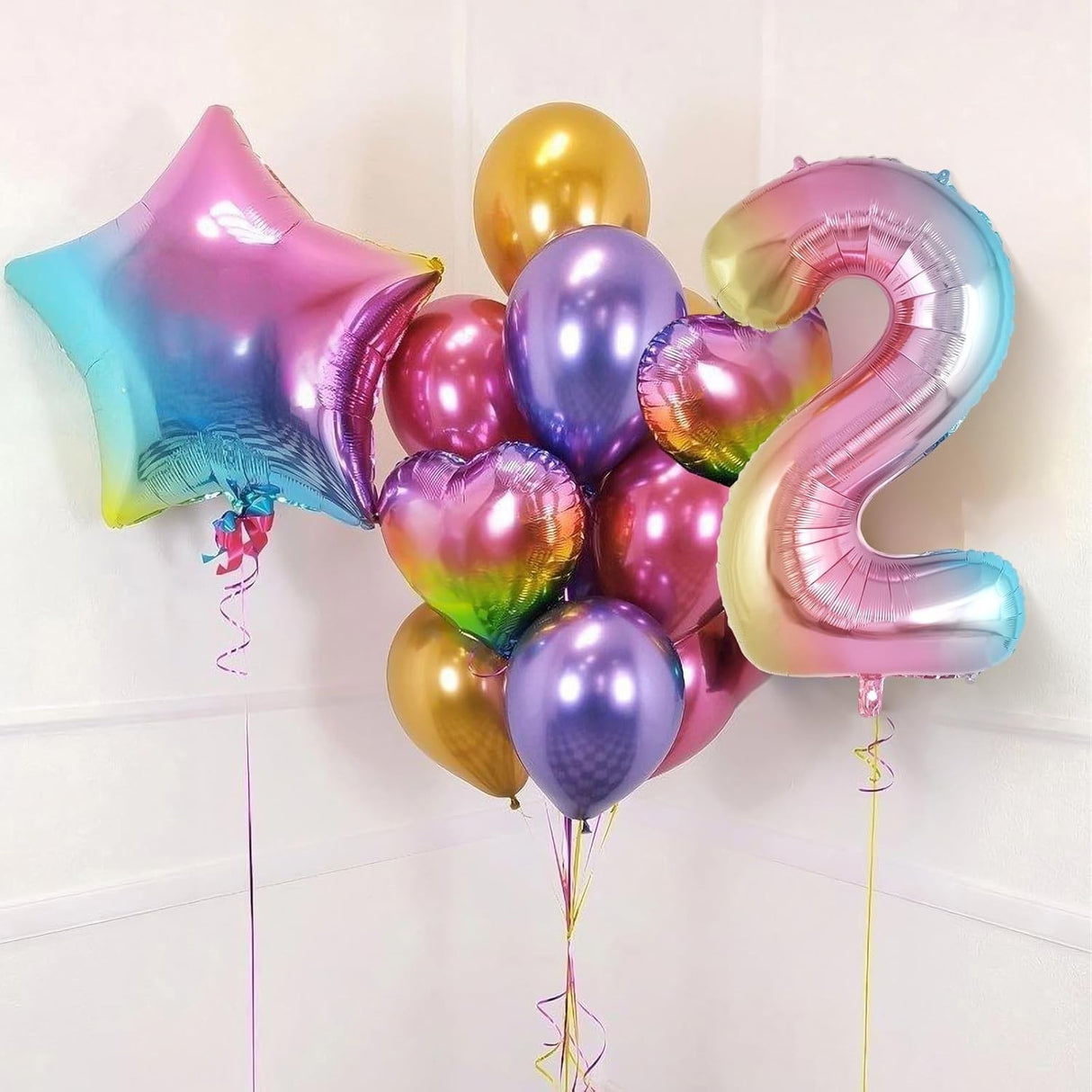 Balon din Folie Metalizata Vivimall, Figurina Cifra Gradient, Tema Aniversare 40 cm, Ambalaj Individual, Pai inclus, Umflare cu Aer sau Heliu, Multicolor, Cifra 2