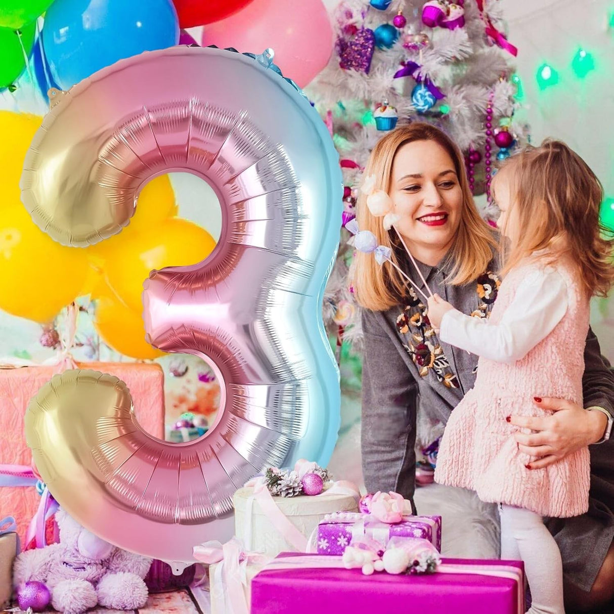 Balon Din Folie Metalizata Figurina Cifra Gradient, Tema Aniversare 40 Cm, Ambalaj Individual, Pai Inclus, Umflare Cu Aer Sau Heliu, Cifra 3 - vivimall.ro