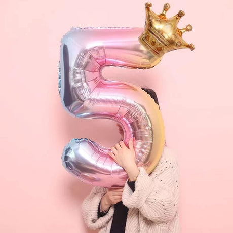 Balon Din Folie Metalizata, Figurina Cifra Gradient, Tema Aniversare 80 Cm, Ambalaj Individual, Pai Inclus, Umflare Cu Aer Sau Heliu, Coronita, Cifra 5 - vivimall.ro