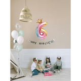 Balon din Folie Metalizata, Vivimall, Figurina Cifra Gradient, Tema Aniversare 80 cm, Ambalaj Individual, Pai inclus, Umflare cu Aer sau Heliu, Coronita, Cifra 6 - vivimall.ro