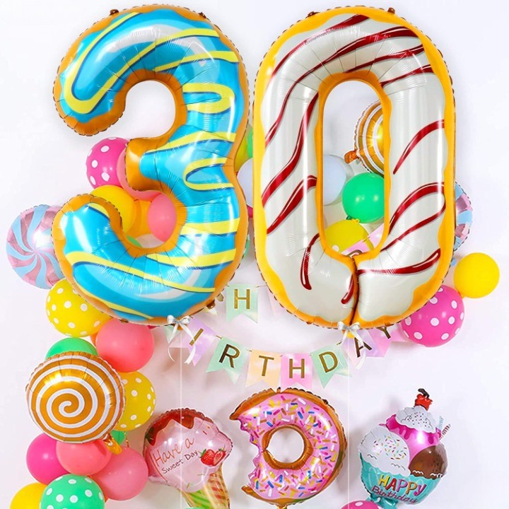 Balon Din Folie Metalizata Figurina Cifra, Imprimeu Gogosi, Tema Aniversare 100 Cm, Ambalaj Individual, Pai Inclus, Umflare Cu Aer Sau Heliu, Cifra 3 - vivimall.ro