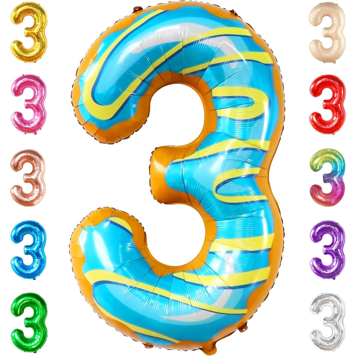 Balon Din Folie Metalizata Figurina Cifra, Imprimeu Gogosi, Tema Aniversare 100 Cm, Ambalaj Individual, Pai Inclus, Umflare Cu Aer Sau Heliu, Cifra 3 - vivimall.ro
