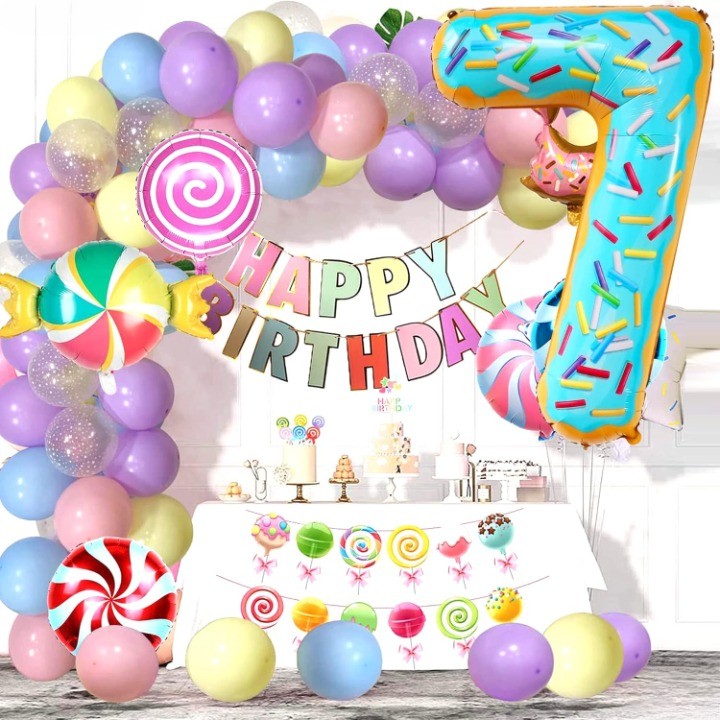 Balon din Folie Metalizata Vivimall, Figurina Cifra, Imprimeu Gogosi, Tema Aniversare 100 cm, Ambalaj Individual, Pai inclus, Umflare cu Aer sau Heliu, Multicolor, Cifra 7