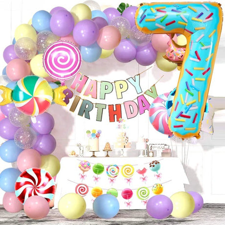 Balon din Folie Metalizata Vivimall, Figurina Cifra, Imprimeu Gogosi, Tema Aniversare 100 cm, Ambalaj Individual, Pai inclus, Umflare cu Aer sau Heliu, Multicolor, Cifra 7