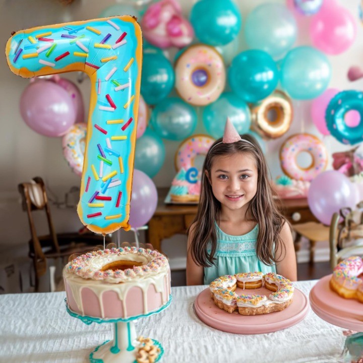 Balon din Folie Metalizata Vivimall, Figurina Cifra, Imprimeu Gogosi, Tema Aniversare 100 cm, Ambalaj Individual, Pai inclus, Umflare cu Aer sau Heliu, Multicolor, Cifra 7