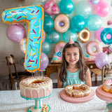 Balon din Folie Metalizata Vivimall, Figurina Cifra, Imprimeu Gogosi, Tema Aniversare 100 cm, Ambalaj Individual, Pai inclus, Umflare cu Aer sau Heliu, Multicolor, Cifra 7