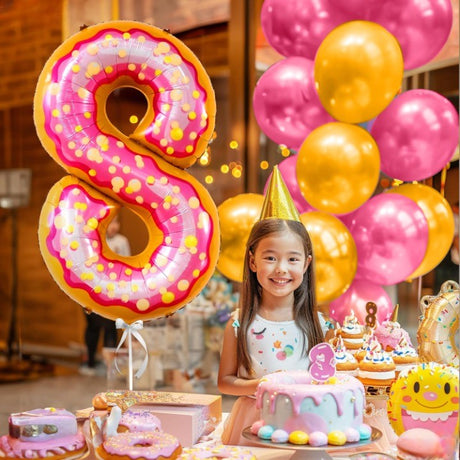 Balon Din Folie Metalizata Figurina Cifra, Imprimeu Gogosi, Tema Aniversare 100 Cm, Ambalaj Individual, Pai Inclus, Umflare Cu Aer Sau Heliu, Cifra 8 - vivimall.ro