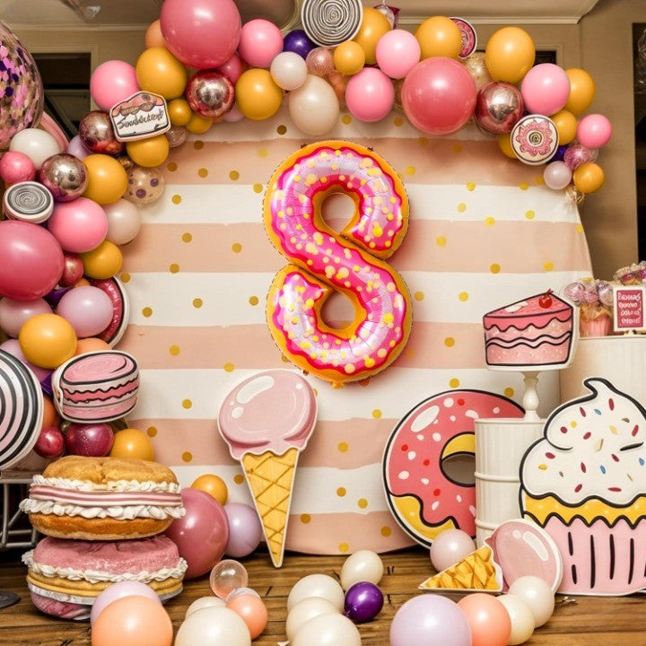 Balon din Folie Metalizata Vivimall, Figurina Cifra, Imprimeu Gogosi, Tema Aniversare 100 cm, Ambalaj Individual, Pai inclus, Umflare cu Aer sau Heliu, Multicolor, Cifra 8