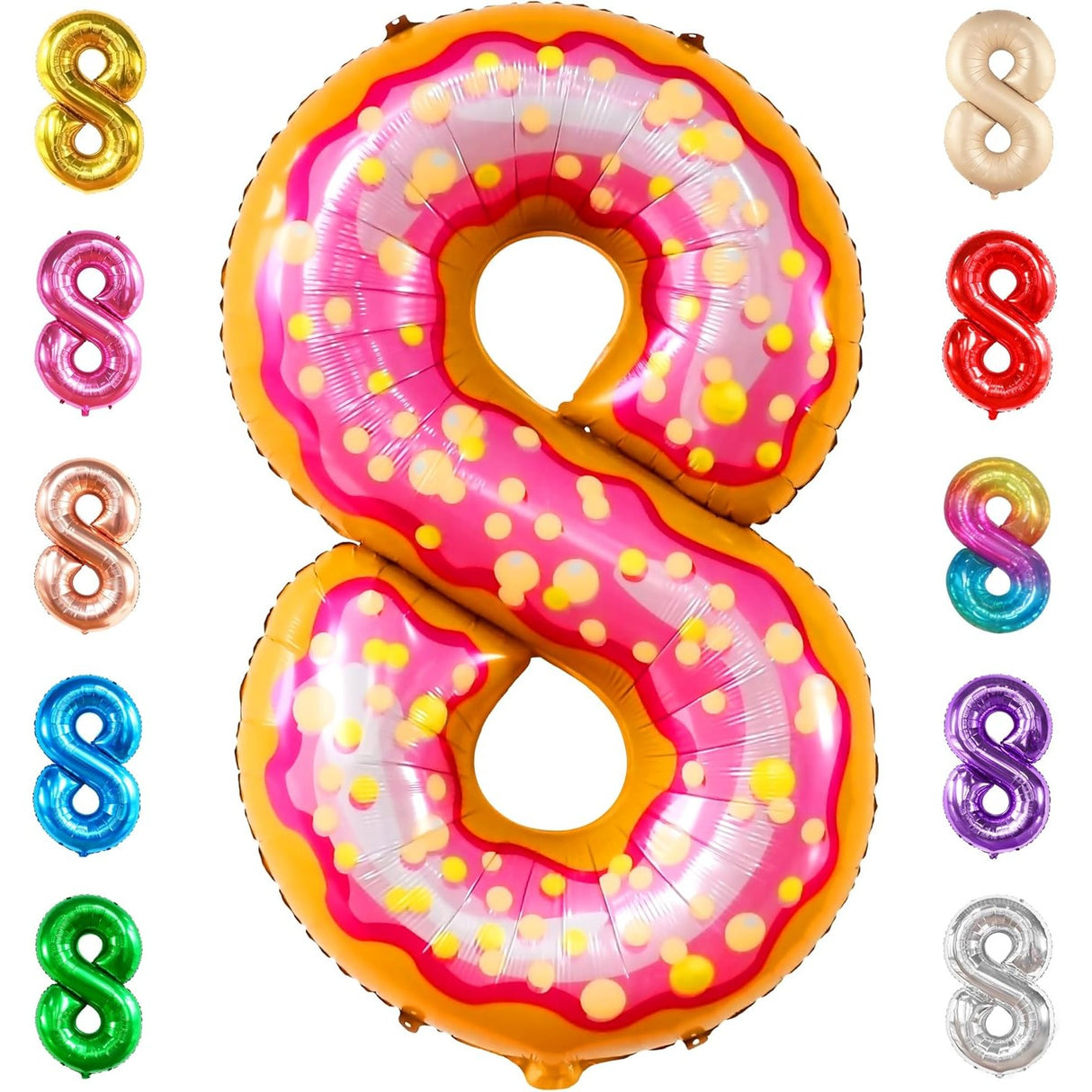 Balon din Folie Metalizata Vivimall, Figurina Cifra, Imprimeu Gogosi, Tema Aniversare 100 cm, Ambalaj Individual, Pai inclus, Umflare cu Aer sau Heliu, Multicolor, Cifra 8