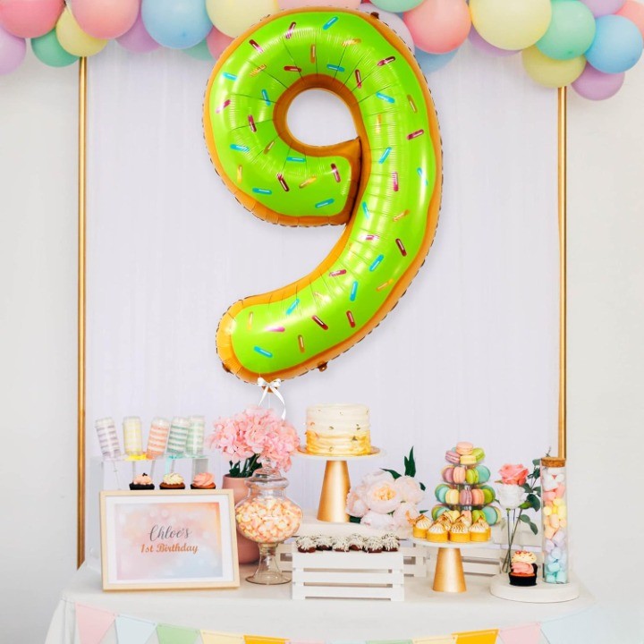 Balon Din Folie Metalizata Figurina Cifra, Imprimeu Gogosi, Tema Aniversare 100 Cm, Ambalaj Individual, Pai Inclus, Umflare Cu Aer Sau Heliu, Cifra 9 - vivimall.ro