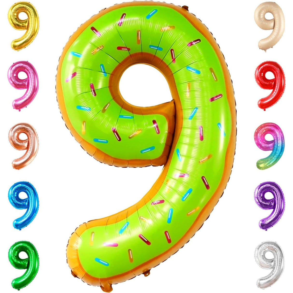 Balon din Folie Metalizata Vivimall, Figurina Cifra, Imprimeu Gogosi, Tema Aniversare 100 cm, Ambalaj Individual, Pai inclus, Umflare cu Aer sau Heliu, Multicolor, Cifra 9