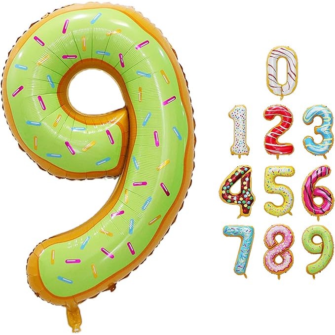 Balon Din Folie Metalizata Figurina Cifra, Imprimeu Gogosi, Tema Aniversare 100 Cm, Ambalaj Individual, Pai Inclus, Umflare Cu Aer Sau Heliu, Cifra 9 - vivimall.ro