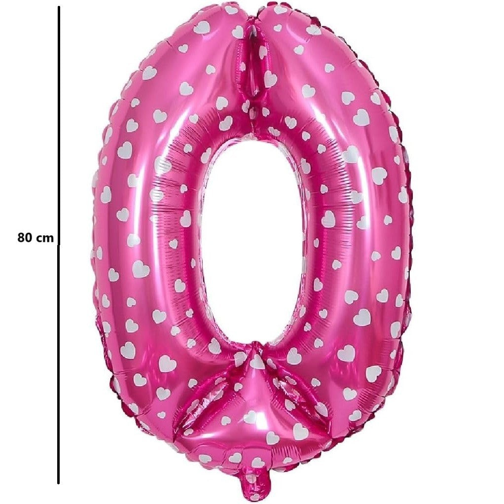 Balon din Folie Metalizata Vivimall, Figurina Cifra, Imprimeu Inimi, Tema Aniversare 80 cm, Ambalaj Individual, Pai inclus, Umflare cu Aer sau Heliu, Roz, Cifra 0 - vivimall.ro