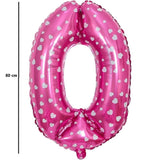 Balon din Folie Metalizata Vivimall, Figurina Cifra, Imprimeu Inimi, Tema Aniversare 80 cm, Ambalaj Individual, Pai inclus, Umflare cu Aer sau Heliu, Roz, Cifra 0 - vivimall.ro
