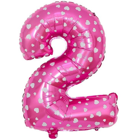 Balon din Folie Metalizata Vivimall, Figurina Cifra, Imprimeu Inimi, Tema Aniversare 80 cm, Ambalaj Individual, Pai inclus, Umflare cu Aer sau Heliu, Roz, Cifra 2