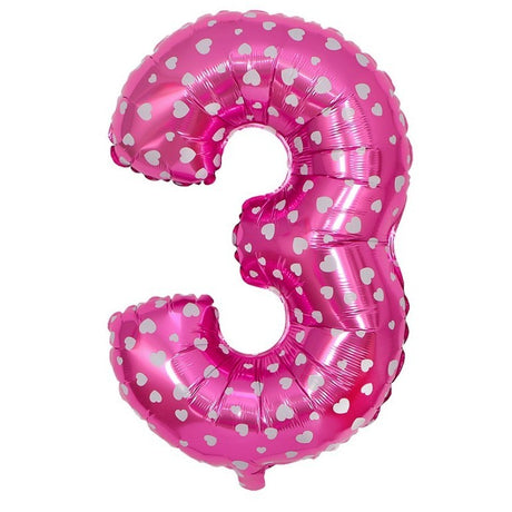 Balon din Folie Metalizata Vivimall, Figurina Cifra, Imprimeu Inimi, Tema Aniversare 80 cm, Ambalaj Individual, Pai inclus, Umflare cu Aer sau Heliu, Roz, Cifra 3