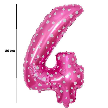 Balon din Folie Metalizata Vivimall, Figurina Cifra, Imprimeu Inimi, Tema Aniversare 80 cm, Ambalaj Individual, Pai inclus, Umflare cu Aer sau Heliu, Roz, Cifra 4