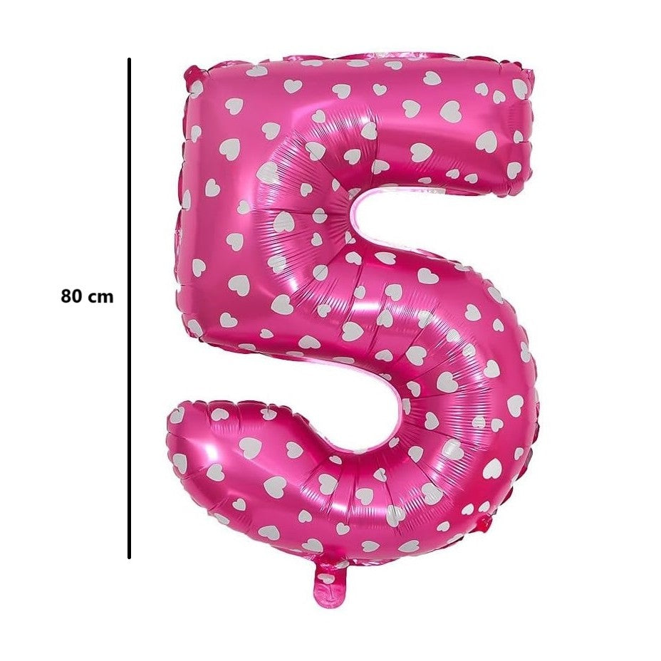 Balon din Folie Metalizata Vivimall, Figurina Cifra, Imprimeu Inimi, Tema Aniversare 80 cm, Ambalaj Individual, Pai inclus, Umflare cu Aer sau Heliu, Roz, Cifra 5 - vivimall.ro