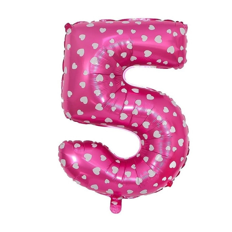Balon Din Folie Metalizata Figurina Cifra, Imprimeu Inimi, Tema Aniversare 80 Cm, Ambalaj Individual, Pai Inclus, Umflare Cu Aer Sau Heliu, Cifra 5 - vivimall.ro