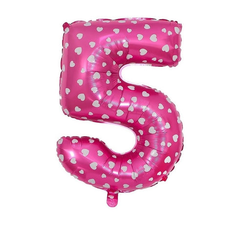 Balon Din Folie Metalizata Figurina Cifra, Imprimeu Inimi, Tema Aniversare 80 Cm, Ambalaj Individual, Pai Inclus, Umflare Cu Aer Sau Heliu, Cifra 5 - vivimall.ro