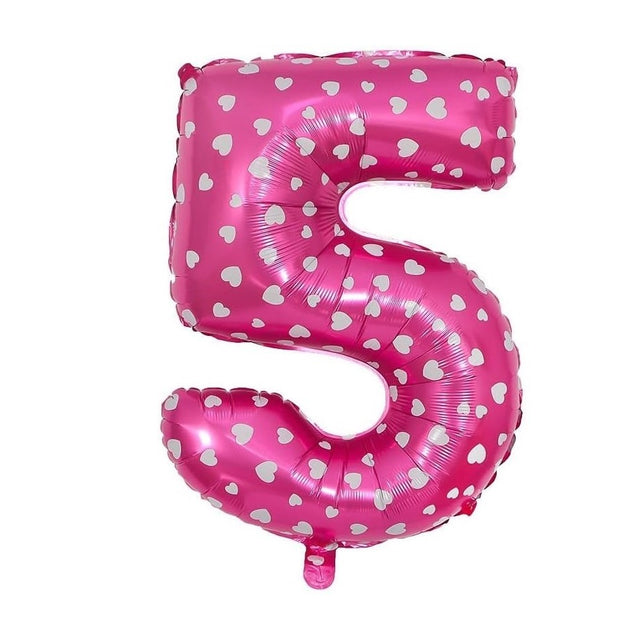 Balon Din Folie Metalizata Figurina Cifra, Imprimeu Inimi, Tema Aniversare 80 Cm, Ambalaj Individual, Pai Inclus, Umflare Cu Aer Sau Heliu, Cifra 5 - vivimall.ro