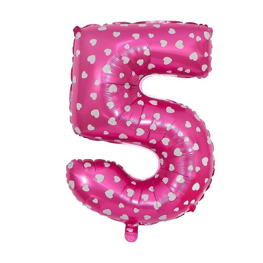 Balon din Folie Metalizata Vivimall, Figurina Cifra, Imprimeu Inimi, Tema Aniversare 80 cm, Ambalaj Individual, Pai inclus, Umflare cu Aer sau Heliu, Roz, Cifra 5 - vivimall.ro