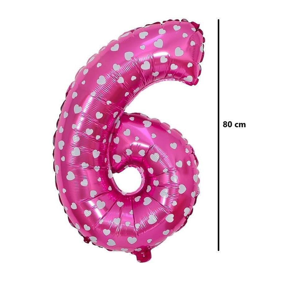 Balon din Folie Metalizata Vivimall, Figurina Cifra, Imprimeu Inimi, Tema Aniversare 80 cm, Ambalaj Individual, Pai inclus, Umflare cu Aer sau Heliu, Roz, Cifra 6 - vivimall.ro