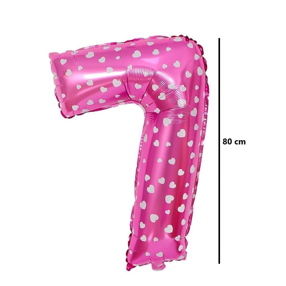 Balon din Folie Metalizata Vivimall, Figurina Cifra, Imprimeu Inimi, Tema Aniversare 80 cm, Ambalaj Individual, Pai inclus, Umflare cu Aer sau Heliu, Roz, Cifra 7 - vivimall.ro