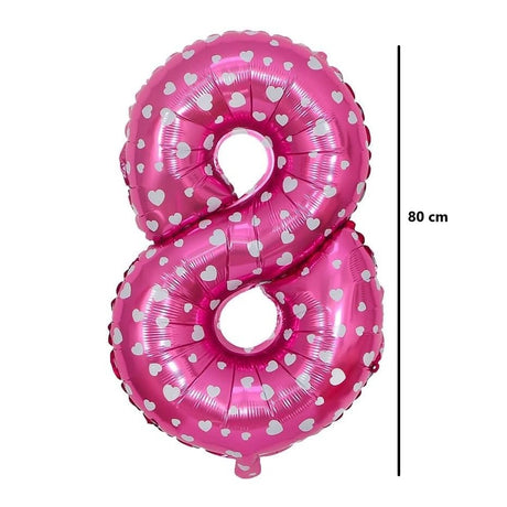 Balon din Folie Metalizata Vivimall, Figurina Cifra, Imprimeu Inimi, Tema Aniversare 80 cm, Ambalaj Individual, Pai inclus, Umflare cu Aer sau Heliu, Roz, Cifra 8