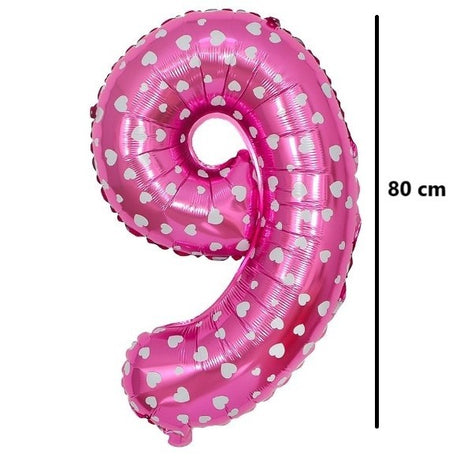 Balon din Folie Metalizata Vivimall, Figurina Cifra, Imprimeu Inimi, Tema Aniversare 80 cm, Ambalaj Individual, Pai inclus, Umflare cu Aer sau Heliu, Roz, Cifra 9
